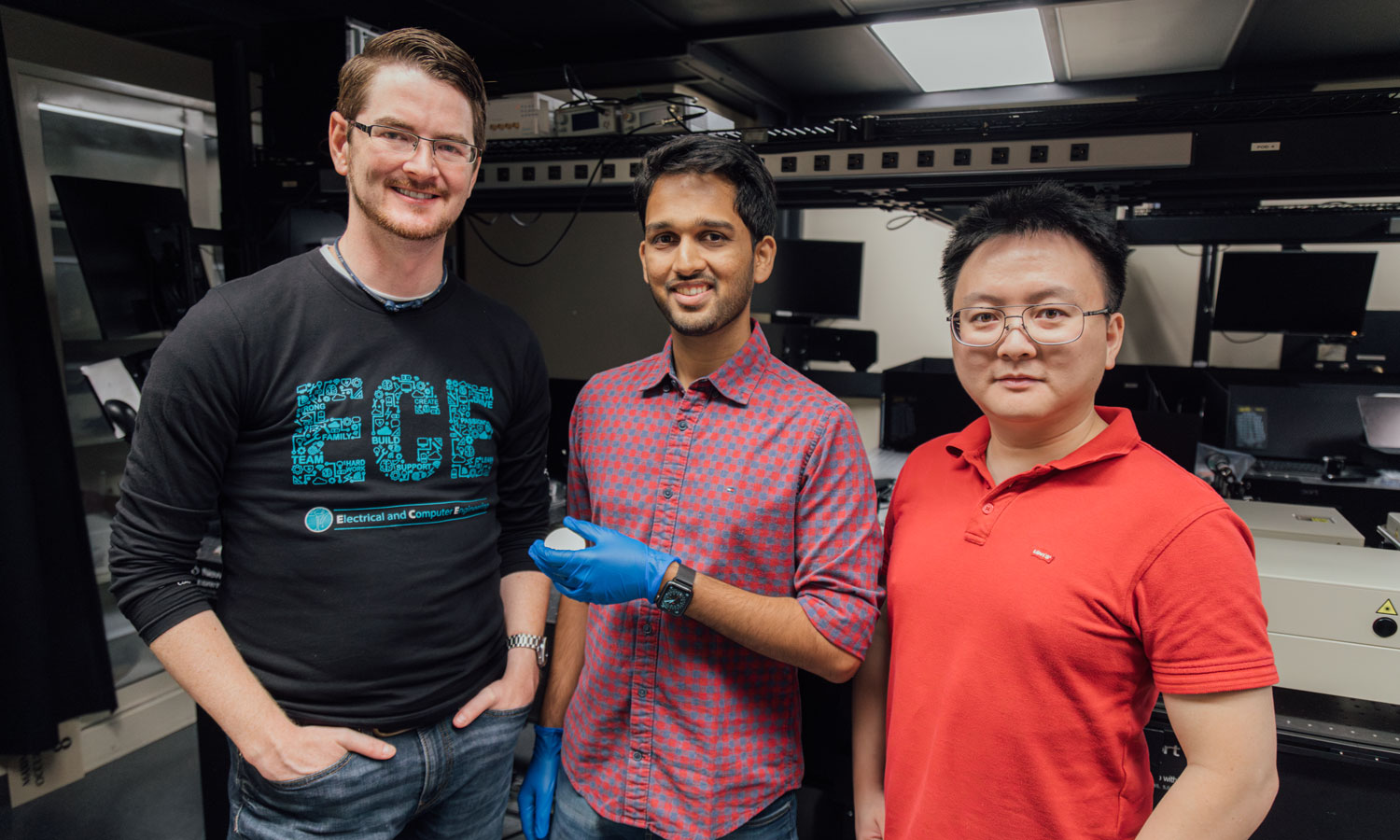 Nathaniel Kinsey, Ph.D., ECE professor, Dhruv Fomra, Ph.D., post doctoral researcher with the National Institute of Standards and Technology and Jingwei Wu, Ph.D.,  ECE research scientist.