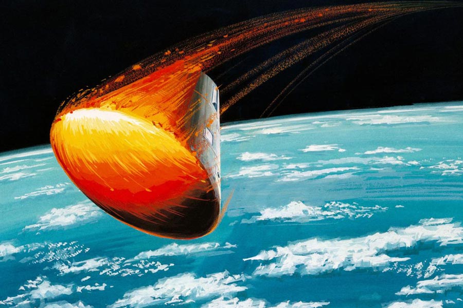 Artist’s rendering of an Apollo capsule re-entering Earth’s atmosphere at a speed of about 20,000 mph, well within the hypersonic range. (Image courtesy of NASA.)