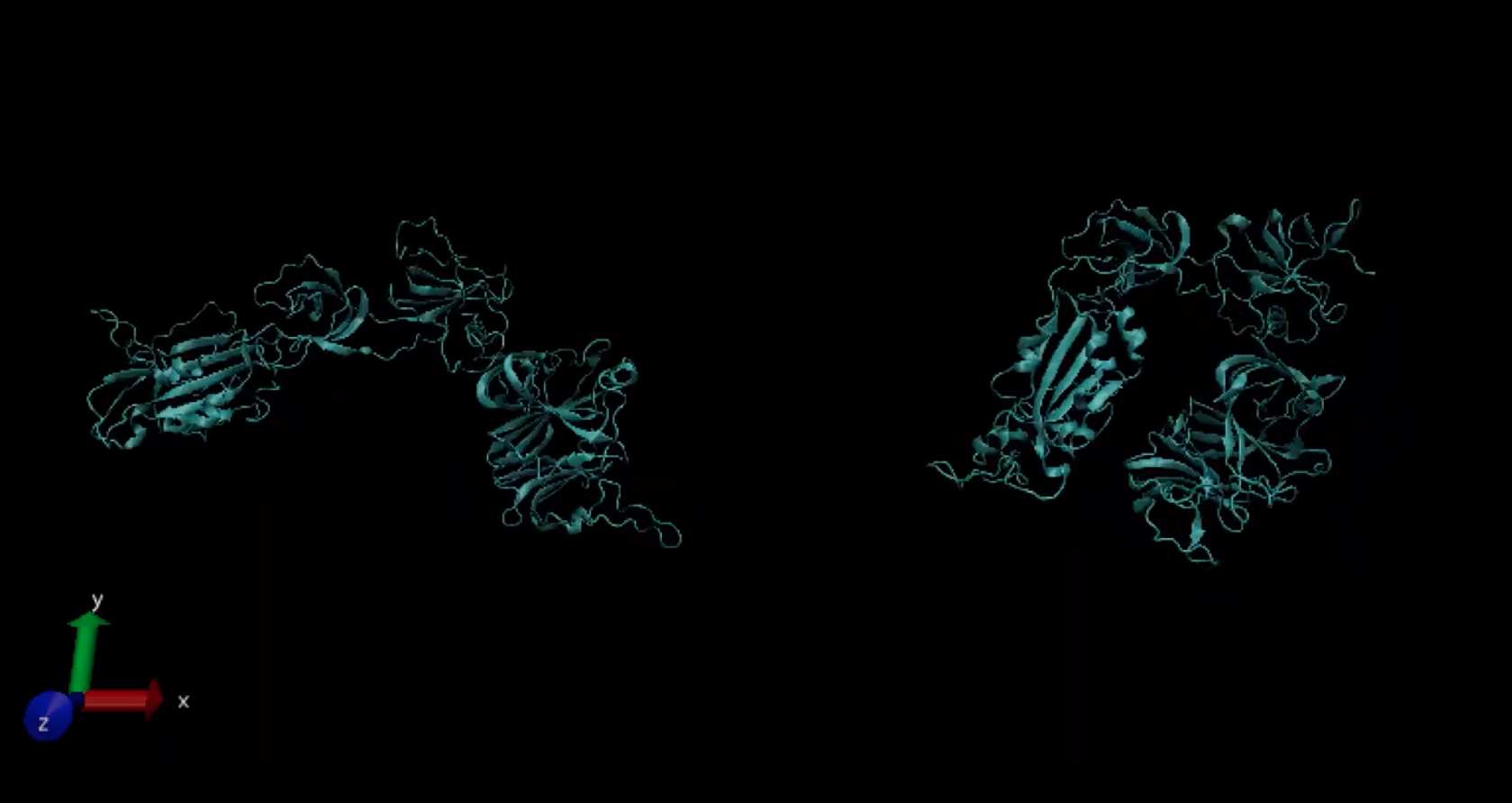 Two computer illustrations showing the receptor binding domain of the spike protein of SARS-Cov-2 with blue wavy ribbons and lines on a black background with the x, y and z axes.