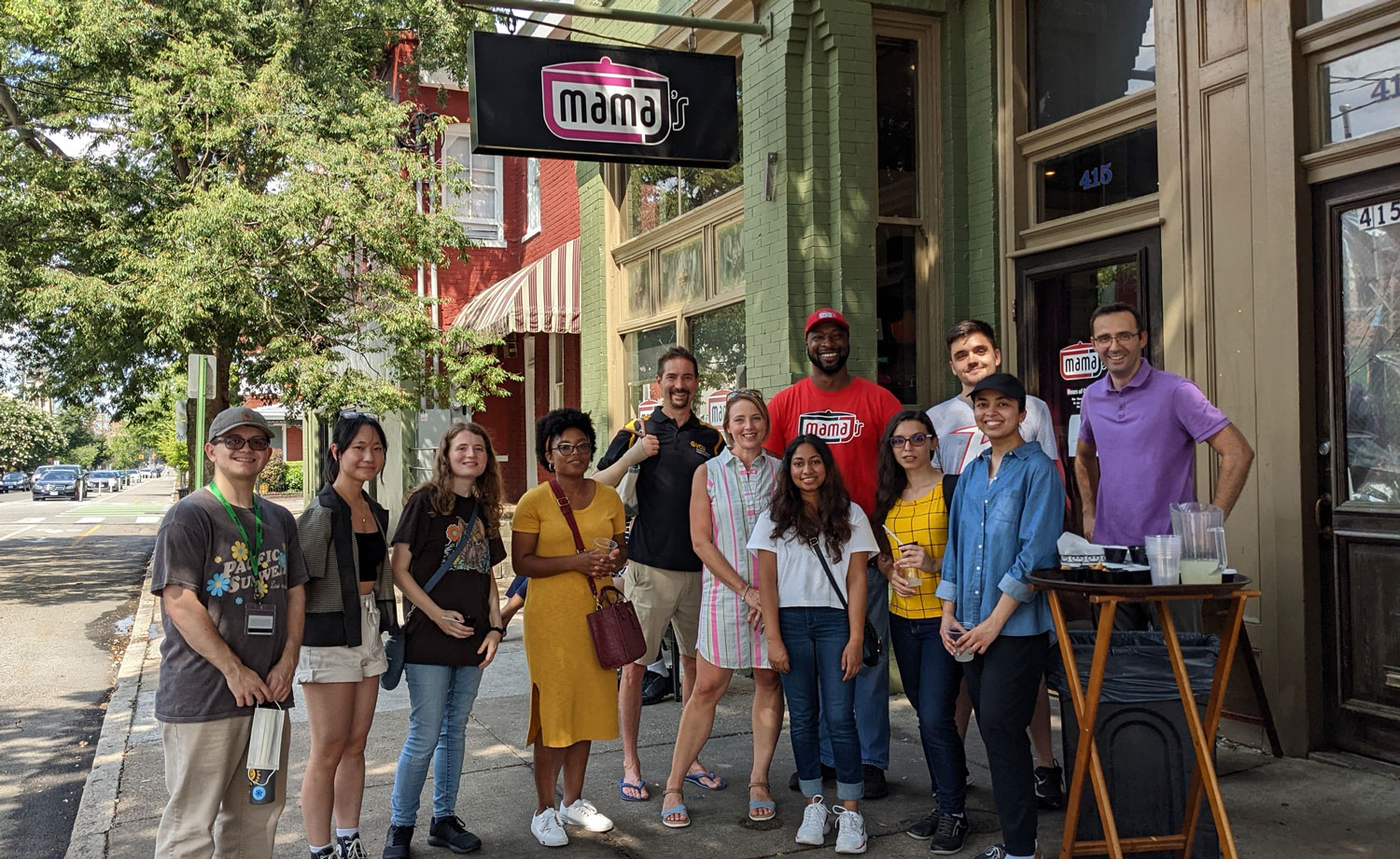 Summer REU students standing out front of Mama's restaurant