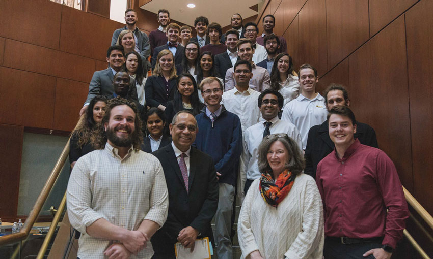 Ph.D. student Ethan Lotz; Ram Gupta, Ph.D., and Dean Barbara D. Boyan, Ph.D., with the Dean’s Undergraduate Research Symposium student researchers.