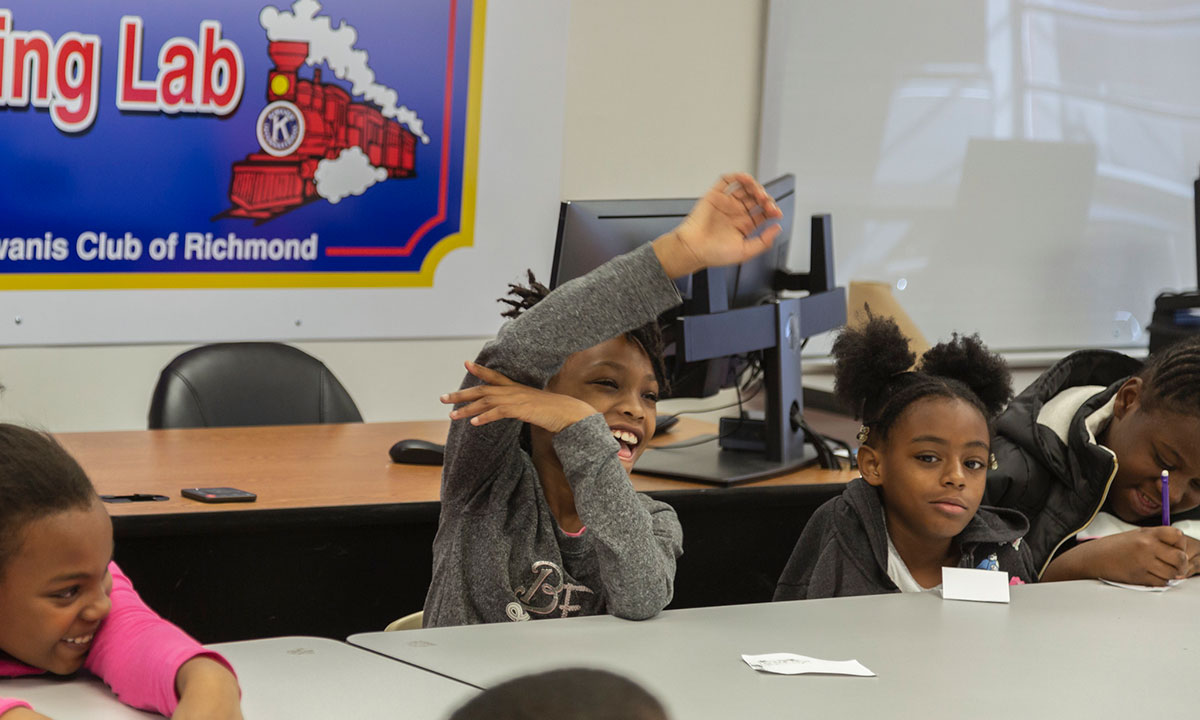 John B. Cary Elementary School fourth-graders respond to a question posed by Charles P. Cartin, Ph.D. during an Engineering in Vision session. Engineering in Vision uses distance learning to virtually bring elementary school students into engineering labs for STEM learning.