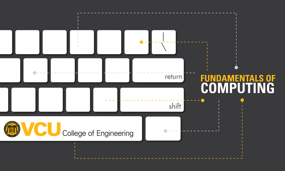 Illustration of a keyboard with Fundamentals of Computing written next to it