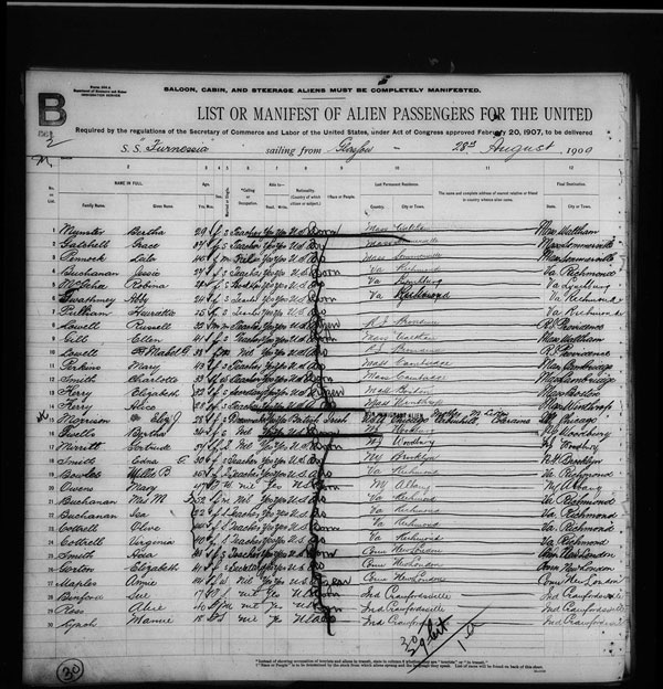 Mrs. M.F. Buchanan, Jessie Buchanan and Isabelle Buchanan, Gibson’s daughter and granddaughters, are listed on the manifest of the S.S. Furnessia, an ocean liner returning to the U.S. from Scotland in 1909.