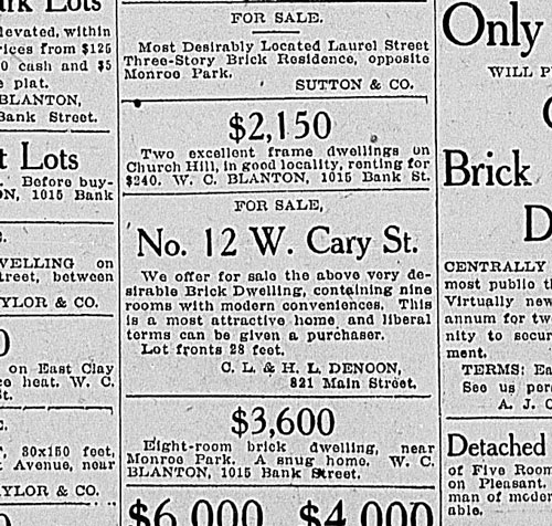 An ad for a “very desirable Brick House” at 12 W. Cary ran in the June 2, 1907, Richmond Times-Dispatch.
