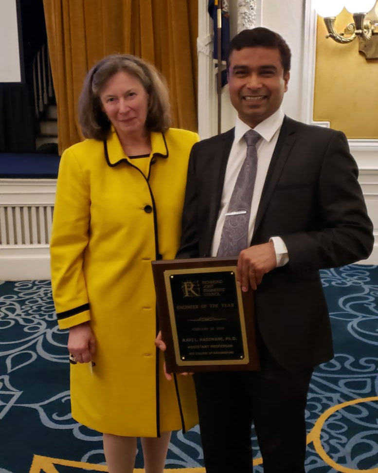 Dean Barbara Boyan, Ph.D., and Hadimani at the RJEC banquet, where Hadimani was named Engineer of the Year for 2020