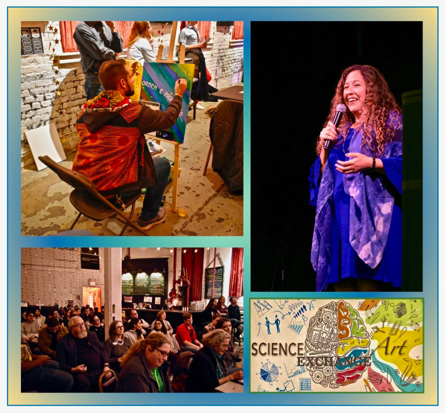 Collage of images of Karla Mossi speaking at the science art exchange