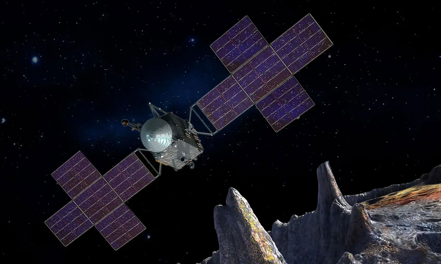 This artist's-concept illustration depicts the spacecraft of NASA's Psyche mission near the mission's target, the metal asteroid Psyche.