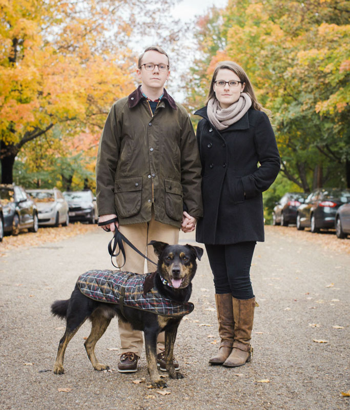 Philip O’Connor with fiancée Sara Lynch, and their dog, Mr. Black, in an outtake from their engagement photo shoot.