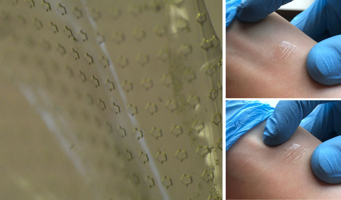 Clockwise from left: micropatterned film formed by photolithography; ultrathin silk-protein film can easily be applied to skin without adhesive, remaining strong even when stretched or squeezed.