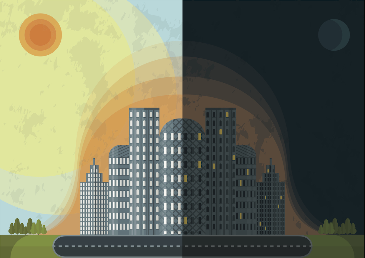 Digital illustration showing city, one half in the daytime with a sun, one half at night with a moon.