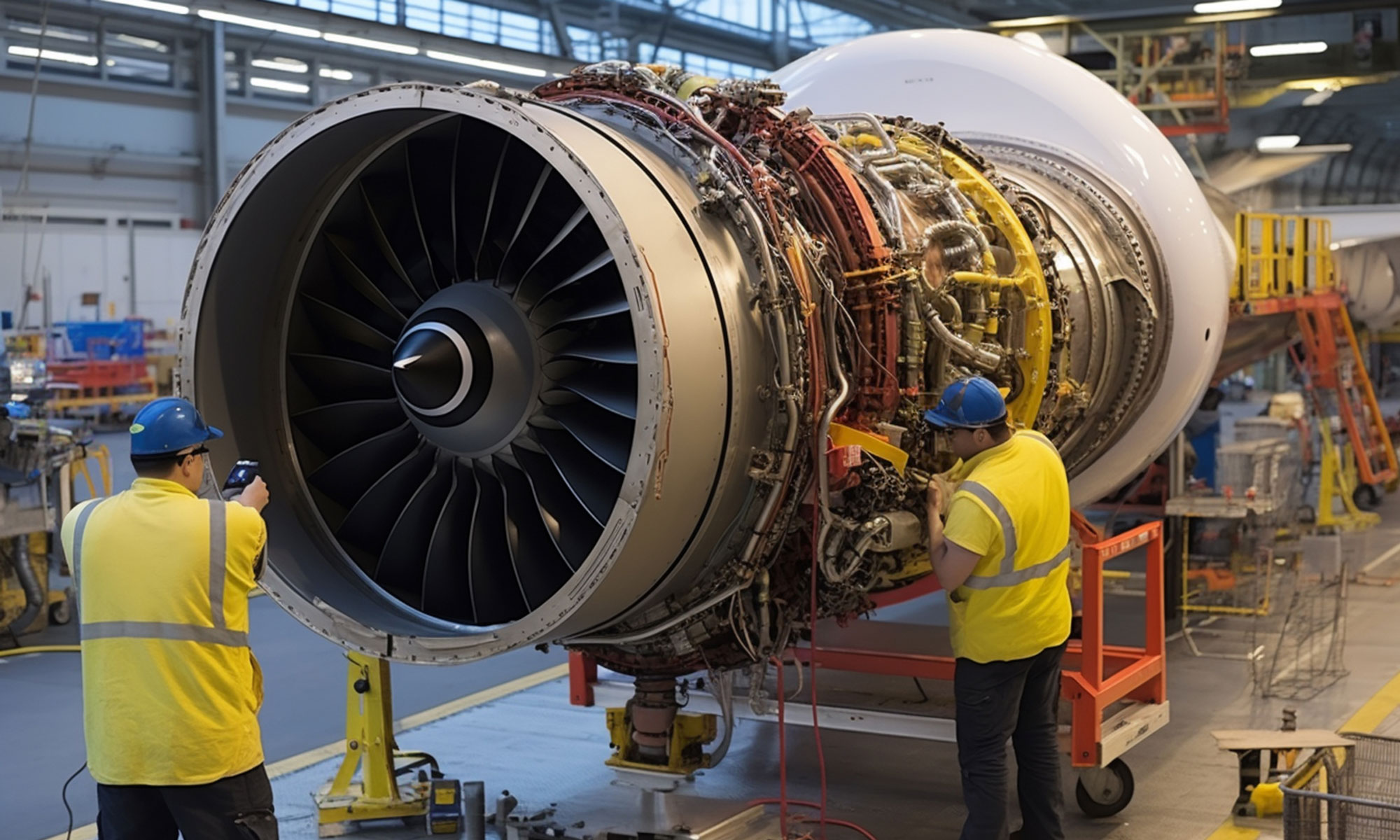 Two men working on an aircraft turbine engine